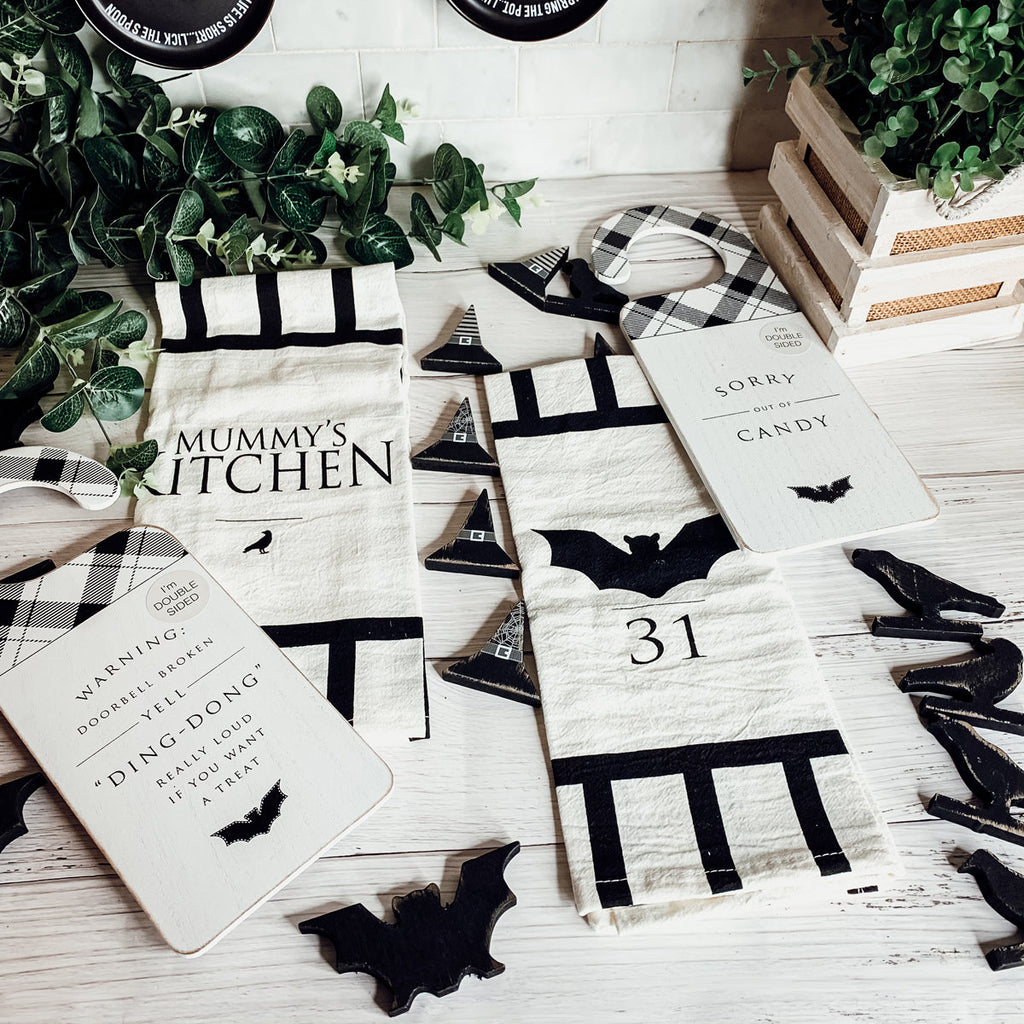 Halloween Tea Towel Bat 31 Vs Mummy Black White Cotton Dish Towel Kitchen Hand Towel Decor BandsCo Straps