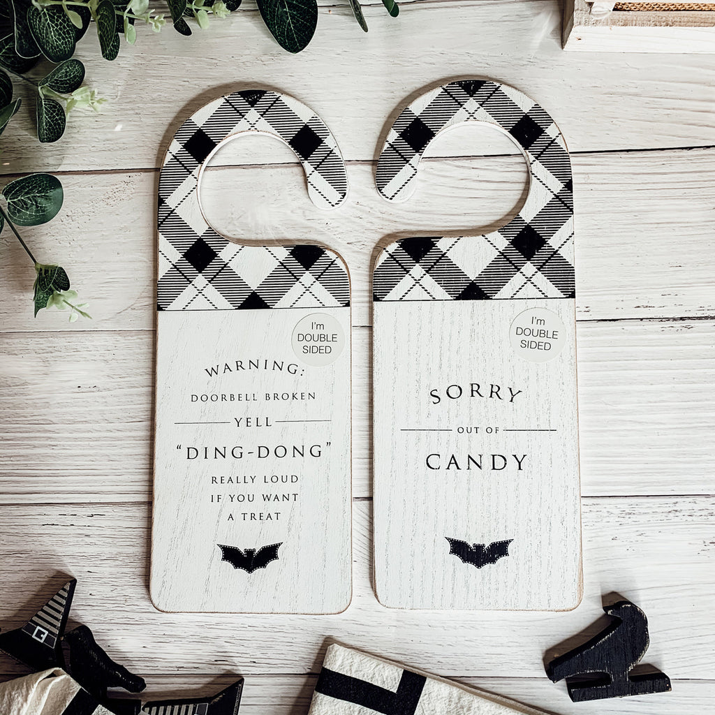 Halloween Double-Sided Door Hanger Spooky Cute Door Knob Sign 5x11.5 Black White BandsCo Straps