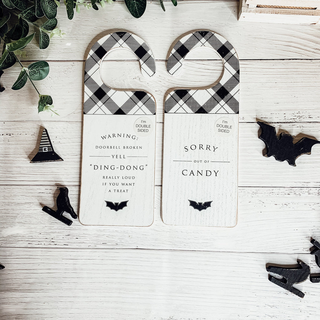 Halloween Double-Sided Door Hanger Spooky Cute Door Knob Sign 5x11.5 Black White BandsCo Straps