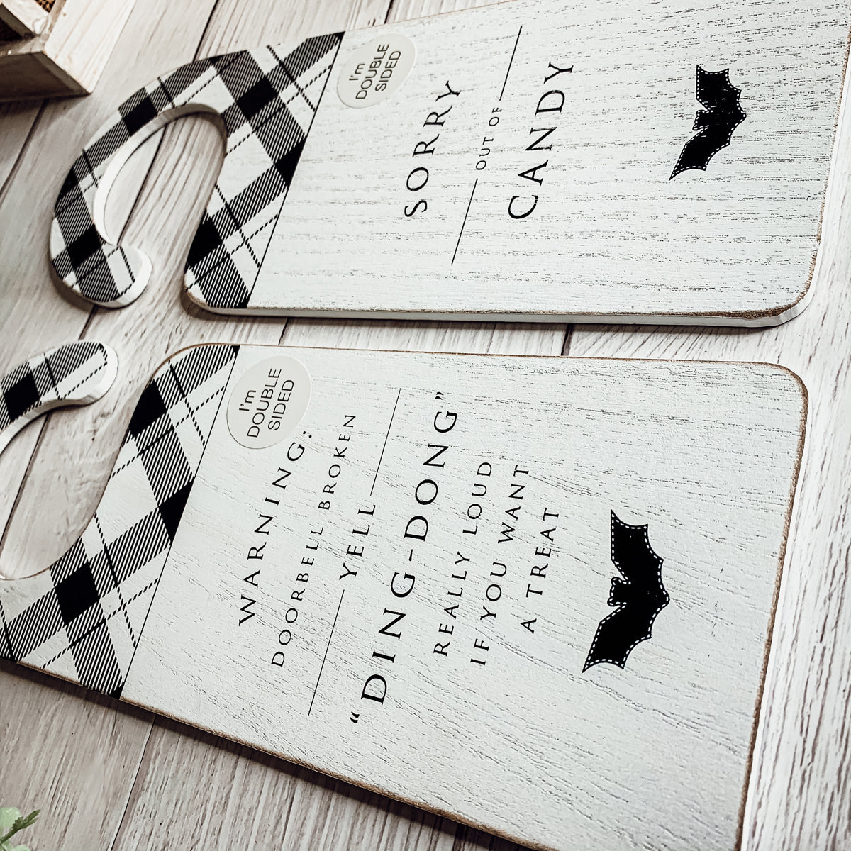 Halloween Double-Sided Door Hanger Spooky Cute Door Knob Sign 5x11.5 Black White BandsCo Straps