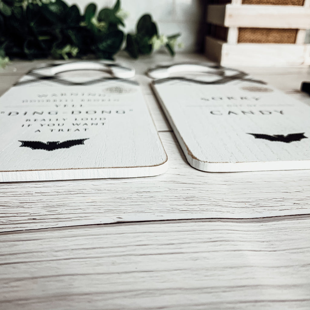 Halloween Double-Sided Door Hanger Spooky Cute Door Knob Sign 5x11.5 Black White BandsCo Straps