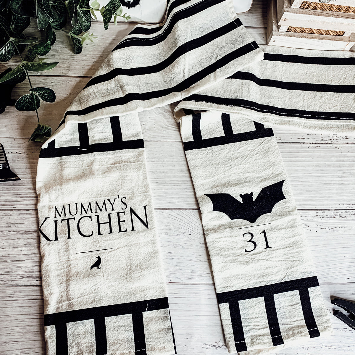 Halloween Tea Towel Bat 31 Vs Mummy Black White Cotton Dish Towel Kitchen Hand Towel Decor BandsCo Straps
