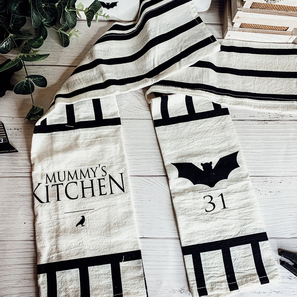 Halloween Tea Towel Bat 31 Vs Mummy Black White Cotton Dish Towel Kitchen Hand Towel Decor BandsCo Straps