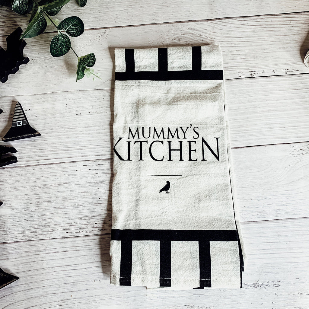Halloween Tea Towel Bat 31 Vs Mummy Black White Cotton Dish Towel Kitchen Hand Towel Decor BandsCo Straps