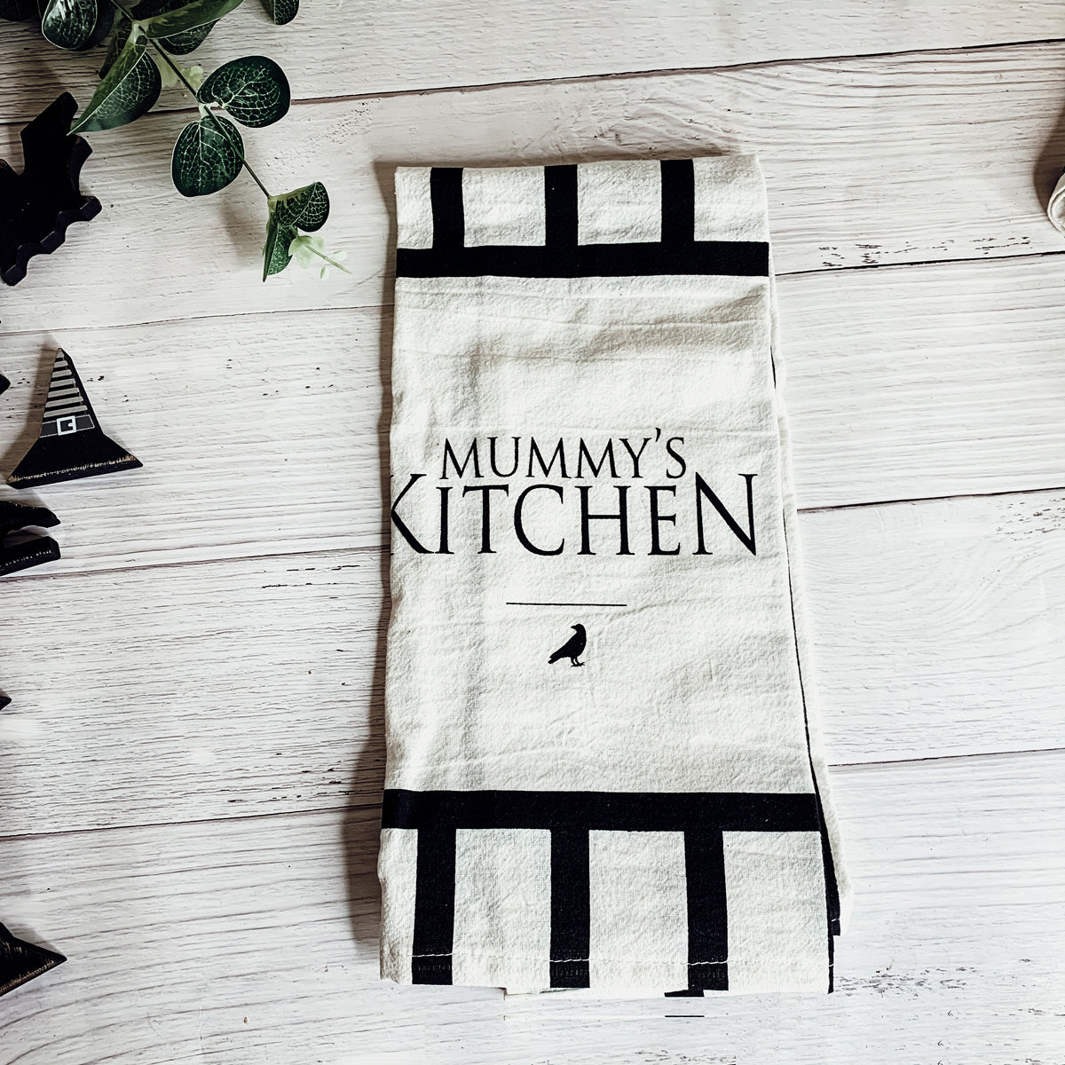 Halloween Tea Towel Bat 31 Vs Mummy Black White Cotton Dish Towel Kitchen Hand Towel Decor BandsCo Straps