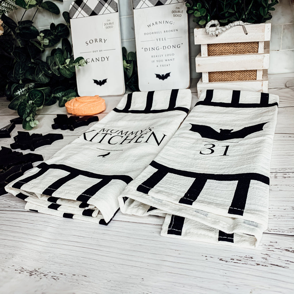 Halloween Tea Towel Bat 31 Vs Mummy Black White Cotton Dish Towel Kitchen Hand Towel Decor BandsCo Straps
