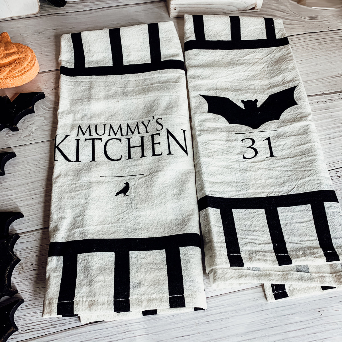 Halloween Tea Towel Bat 31 Vs Mummy Black White Cotton Dish Towel Kitchen Hand Towel Decor BandsCo Straps