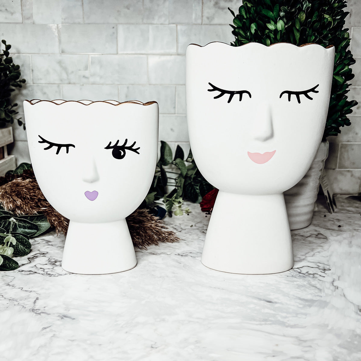 Coquette Porcelain Vases Set Of 2 Wink And Smile Ceramic Vases With Gold Trim Slim Vanity Decor BandsCo Straps