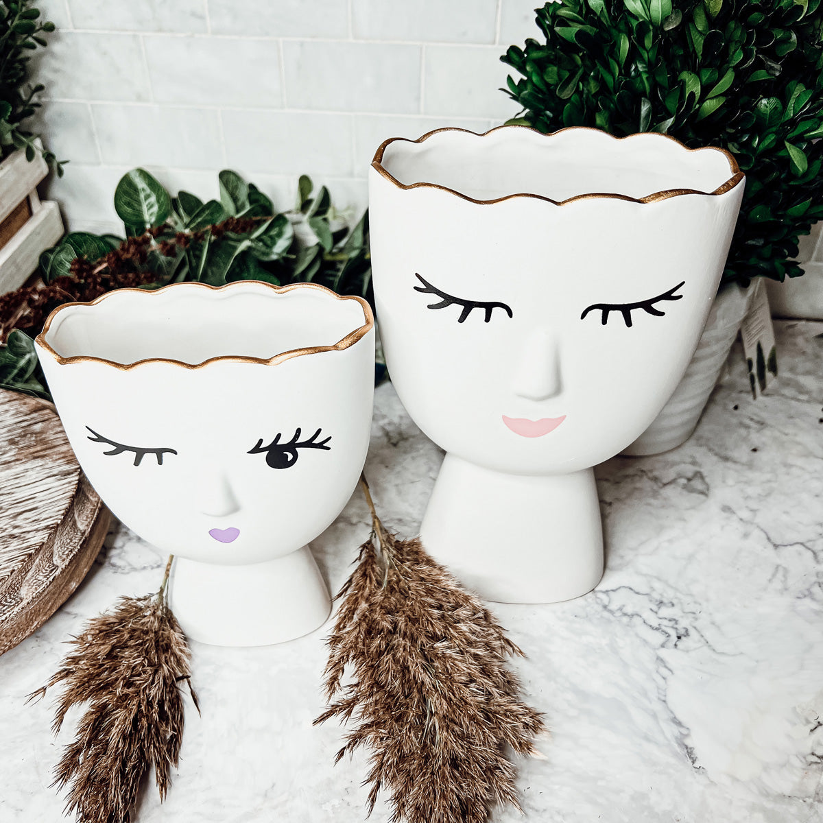 Coquette Porcelain Vases Set Of 2 Wink And Smile Ceramic Vases With Gold Trim Slim Vanity Decor BandsCo Straps