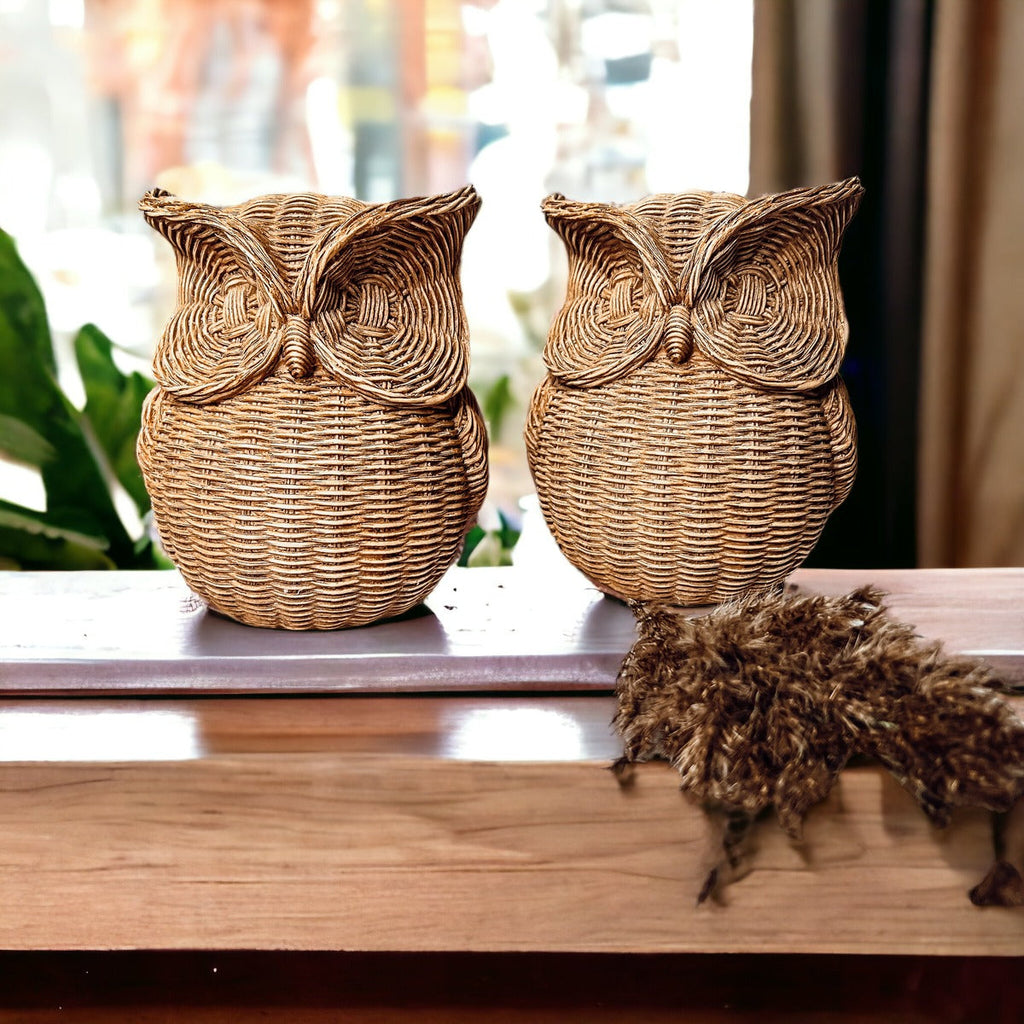 Basket Weave Owl Figurine Resin Rustic Owl Bookend Tabletop Accent Home Decor BandsCo Straps