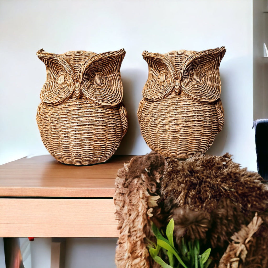 Basket Weave Owl Figurine Resin Rustic Owl Bookend Tabletop Accent Home Decor BandsCo Straps