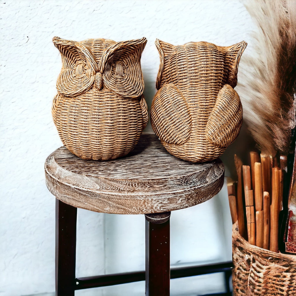 Basket Weave Owl Figurine Resin Rustic Owl Bookend Tabletop Accent Home Decor BandsCo Straps
