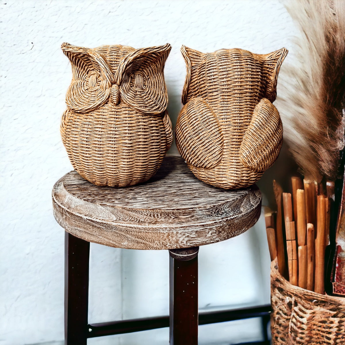 Basket Weave Owl Figurine Resin Rustic Owl Bookend Tabletop Accent Home Decor BandsCo Straps