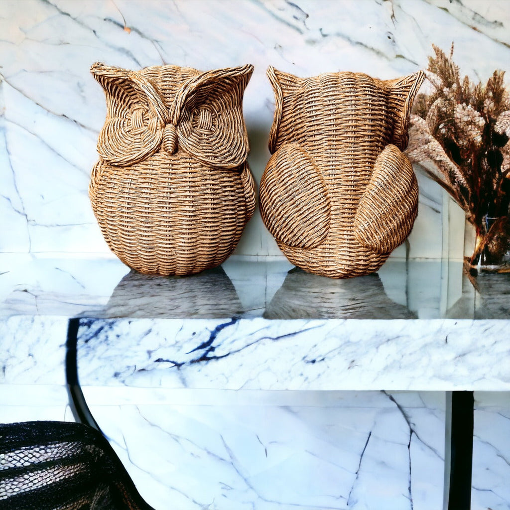 Basket Weave Owl Figurine Resin Rustic Owl Bookend Tabletop Accent Home Decor BandsCo Straps