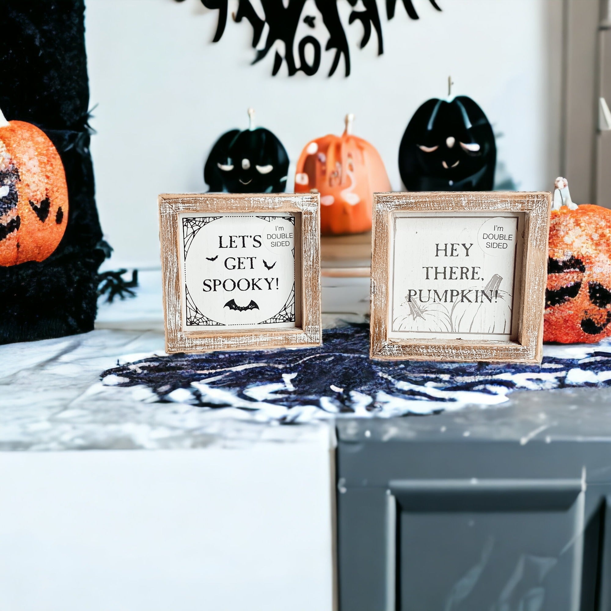 Double-Sided Reversible Pumpkin Sign Hey There Pumpkin / Lets Get Spooky BandsCo Straps