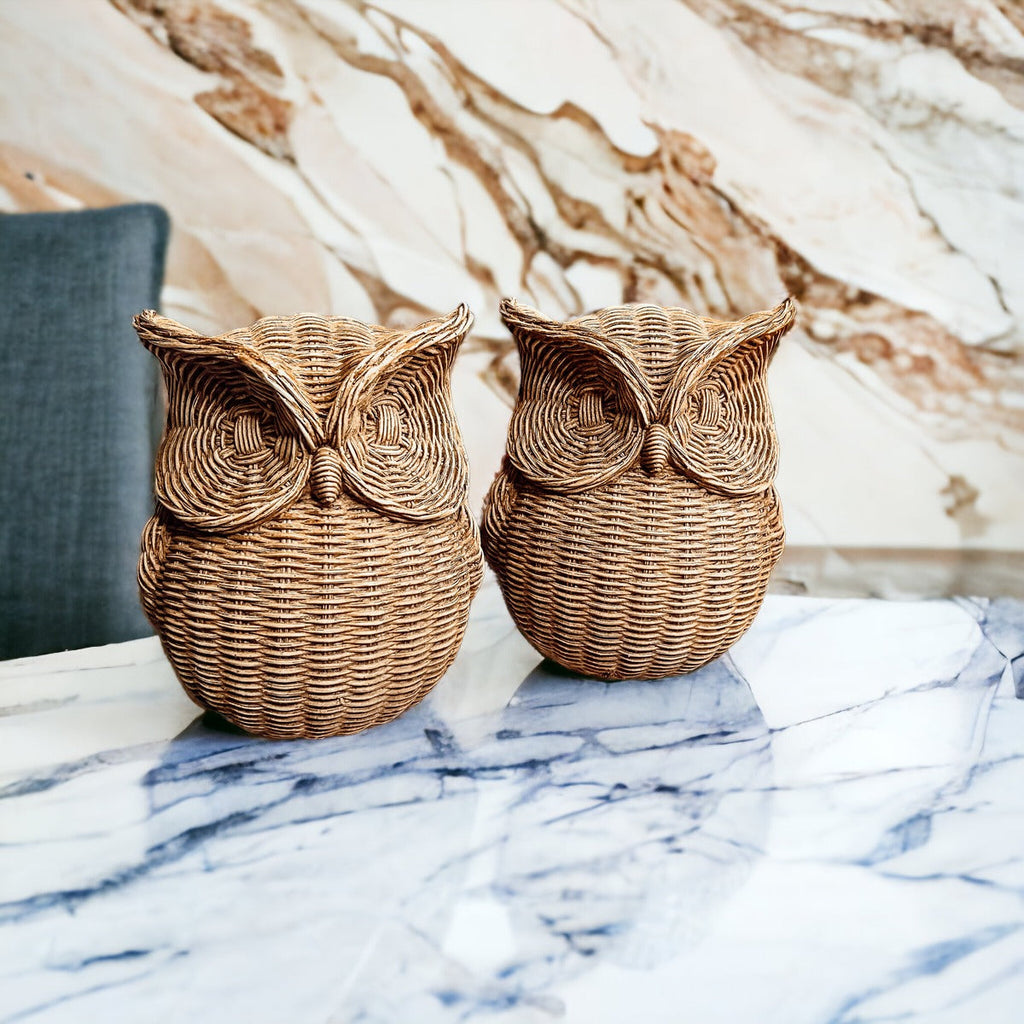 Basket Weave Owl Figurine Resin Rustic Owl Bookend Tabletop Accent Home Decor BandsCo Straps