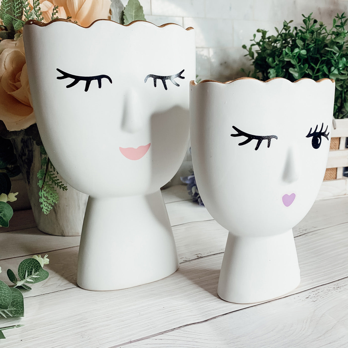 Coquette Porcelain Vases Set Of 2 Wink And Smile Ceramic Vases With Gold Trim Slim Vanity Decor BandsCo Straps