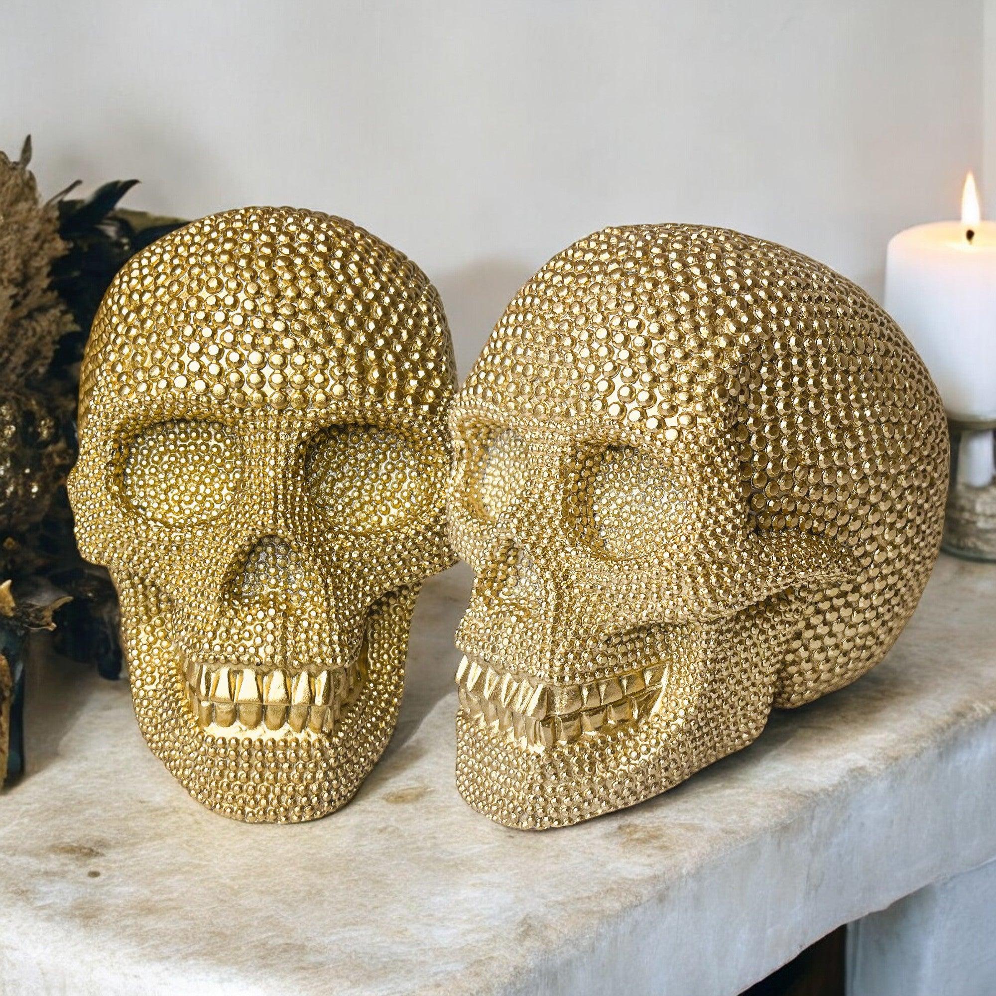 Resin Beaded Skull Decor Silver Skeleton Head Handmade Rustic Bookend Centerpiece Halloween