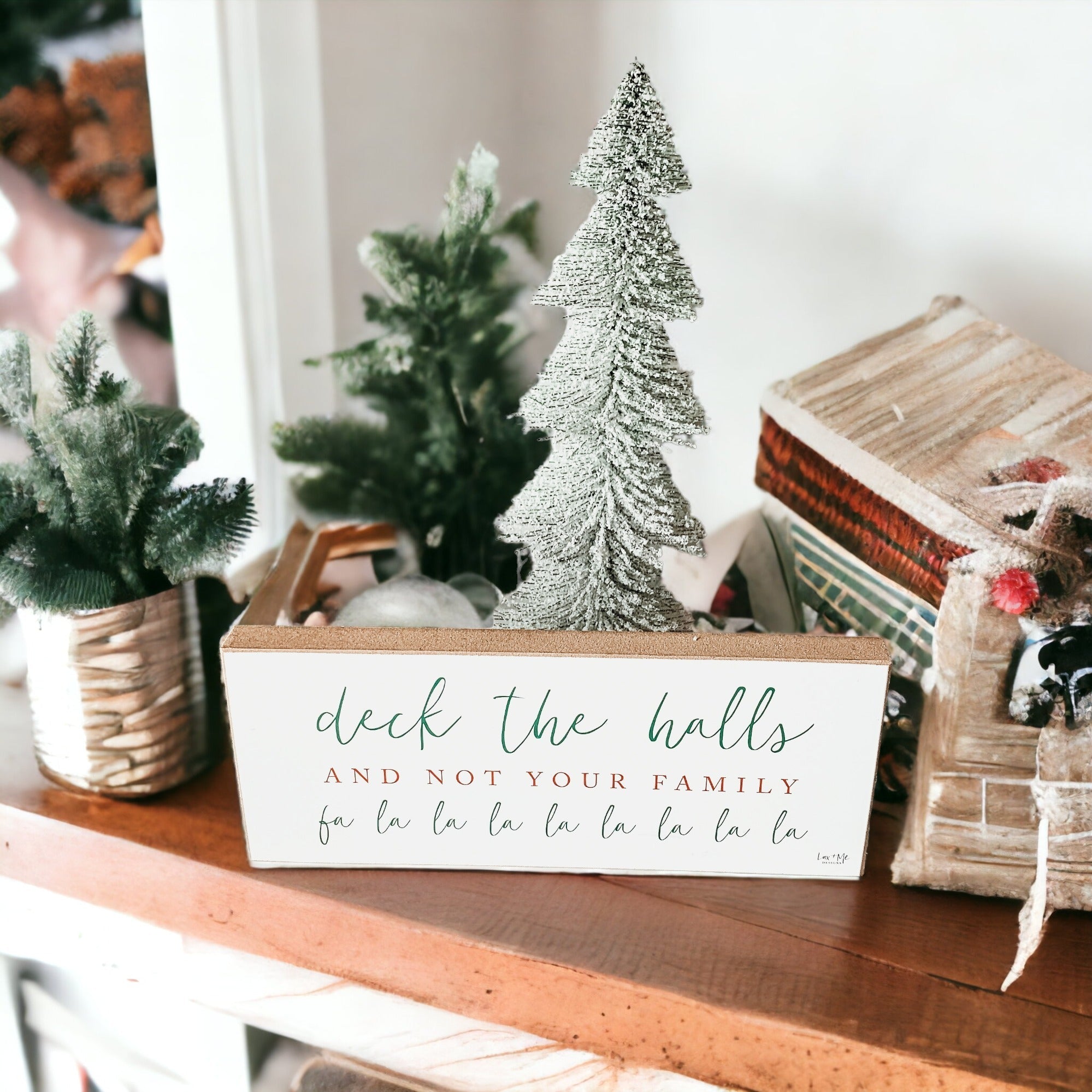 Deck The Halls Funny Christmas Wood Sign Handmade Tabletop Mantel Shelf Decor 10x4x1 Red Green BandsCo Straps