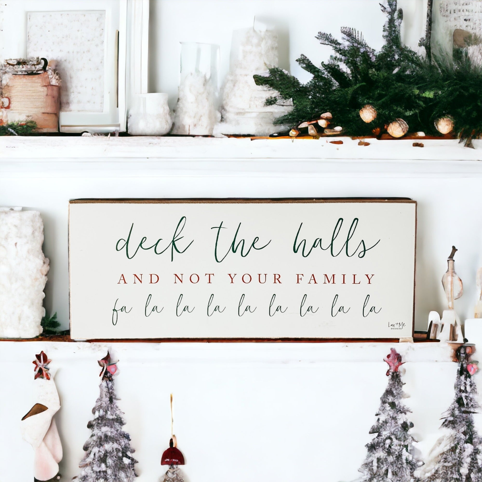 Deck The Halls Funny Christmas Wood Sign Handmade Tabletop Mantel Shelf Decor 10x4x1 Red Green BandsCo Straps