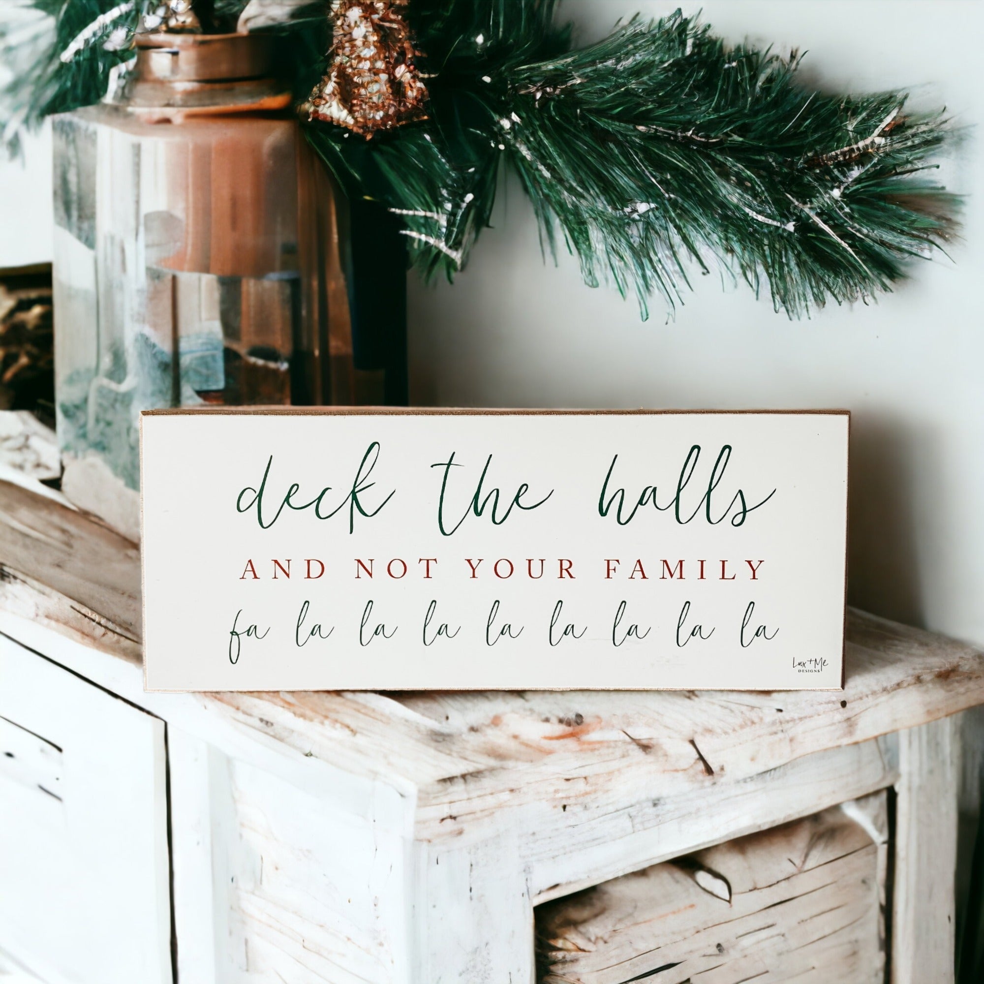 Deck The Halls Funny Christmas Wood Sign Handmade Tabletop Mantel Shelf Decor 10x4x1 Red Green BandsCo Straps