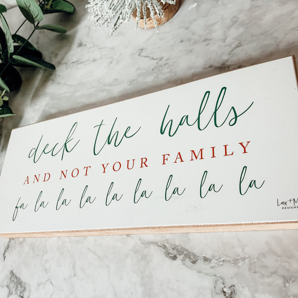 Deck The Halls Funny Christmas Wood Sign Handmade Tabletop Mantel Shelf Decor 10x4x1 Red Green BandsCo Straps