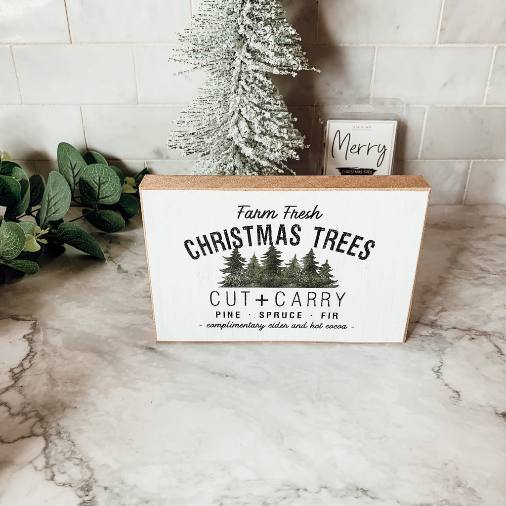 Farm Fresh Christmas Trees Cut And Carry Rustic 6x4x1 Wooden Block Sign Winter Holiday Decor BandsCo Straps