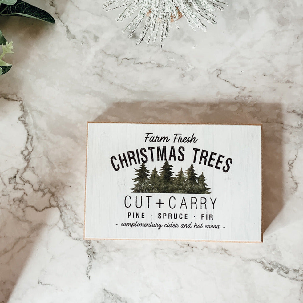 Farm Fresh Christmas Trees Cut And Carry Rustic 6x4x1 Wooden Block Sign Winter Holiday Decor BandsCo Straps