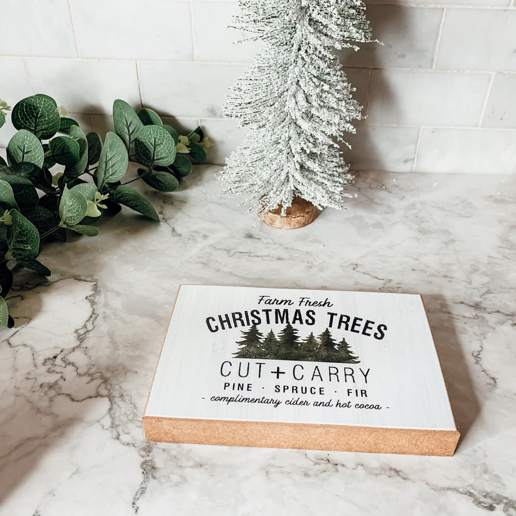 Farm Fresh Christmas Trees Cut And Carry Rustic 6x4x1 Wooden Block Sign Winter Holiday Decor BandsCo Straps