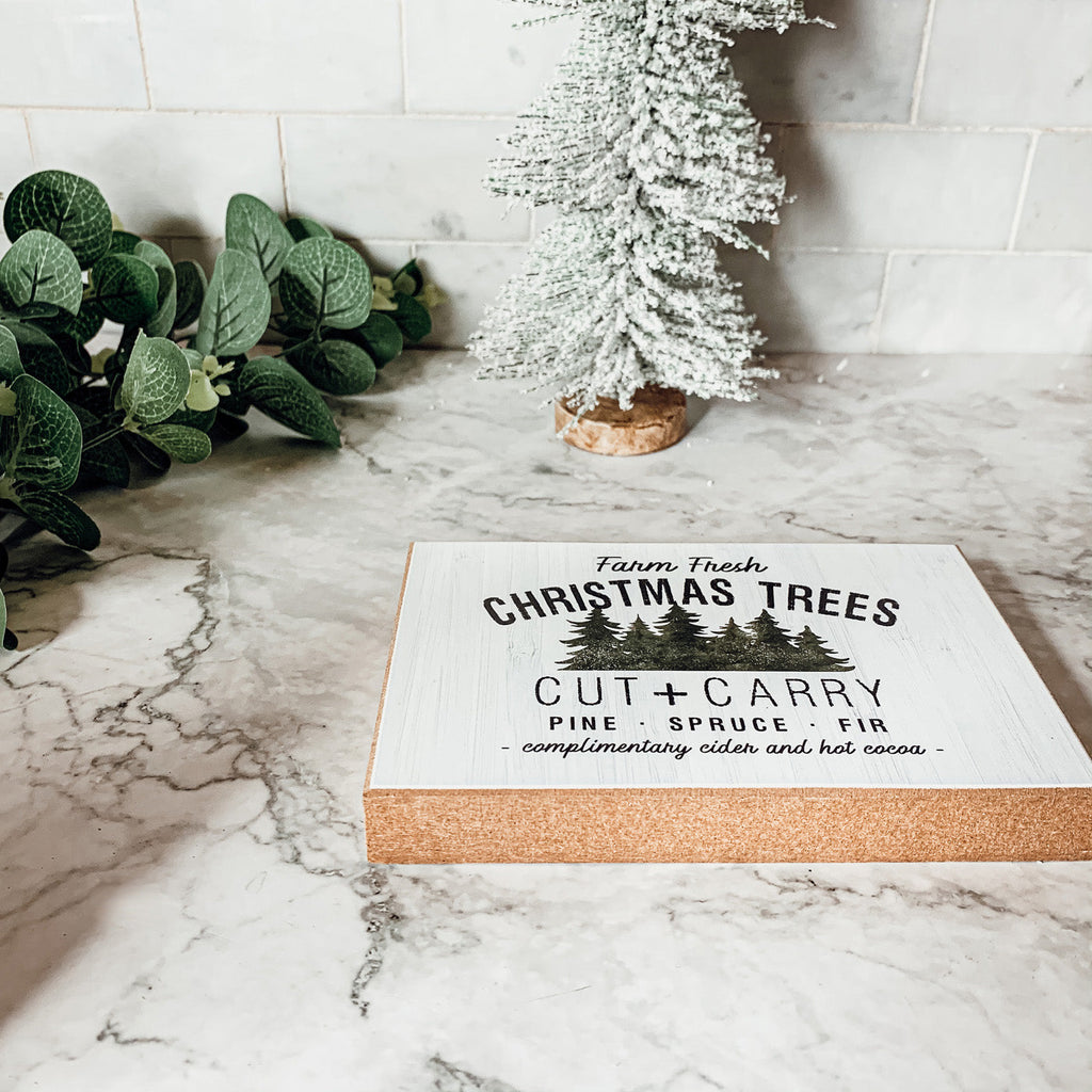 Farm Fresh Christmas Trees Cut And Carry Rustic 6x4x1 Wooden Block Sign Winter Holiday Decor BandsCo Straps
