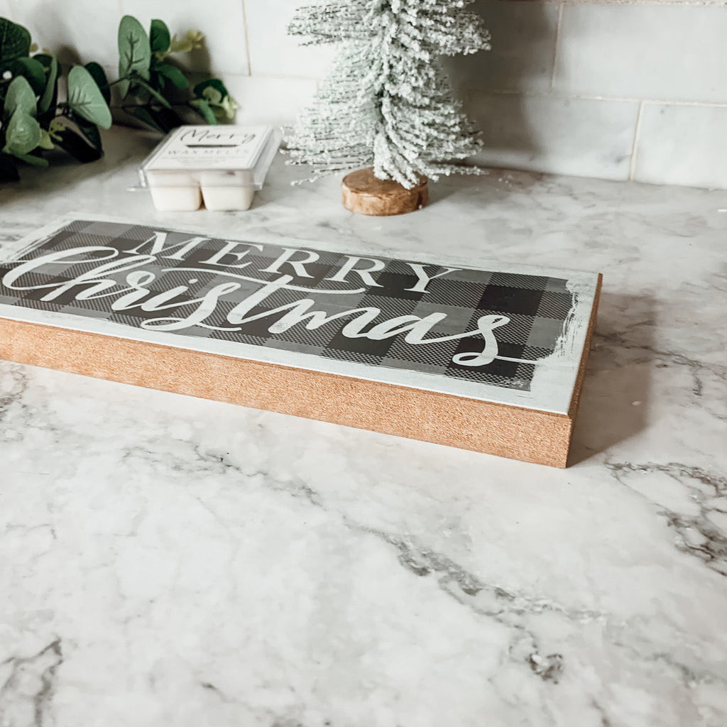 Buffalo Check Christmas Wood Sign 10x4 Tabletop Shelf Mantel Decor BandsCo Straps
