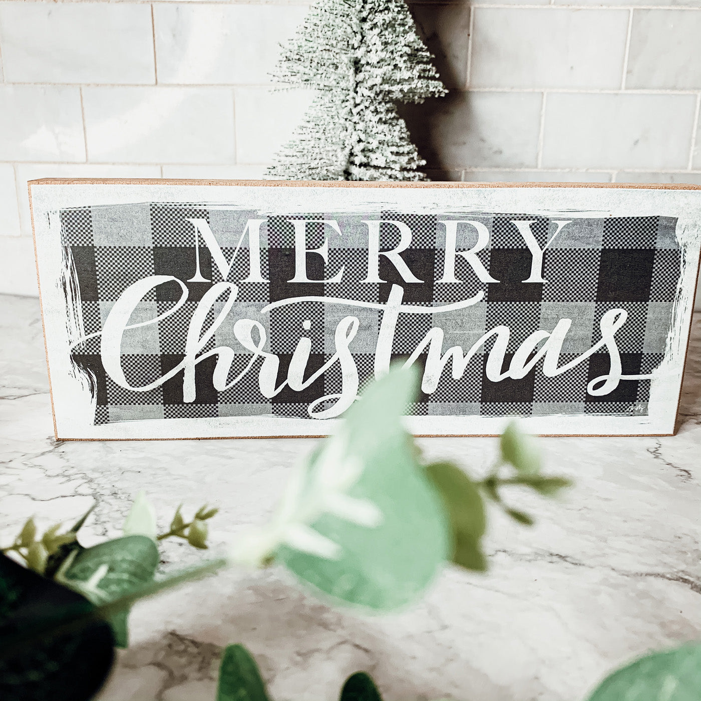 Buffalo Check Christmas Wood Sign 10x4 Tabletop Shelf Mantel Decor BandsCo Straps