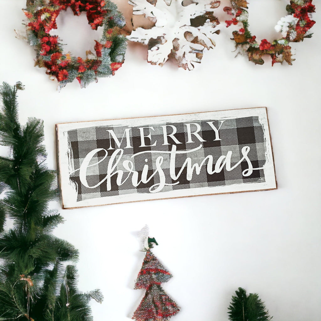 Buffalo Check Christmas Wood Sign 10x4 Tabletop Shelf Mantel Decor BandsCo Straps