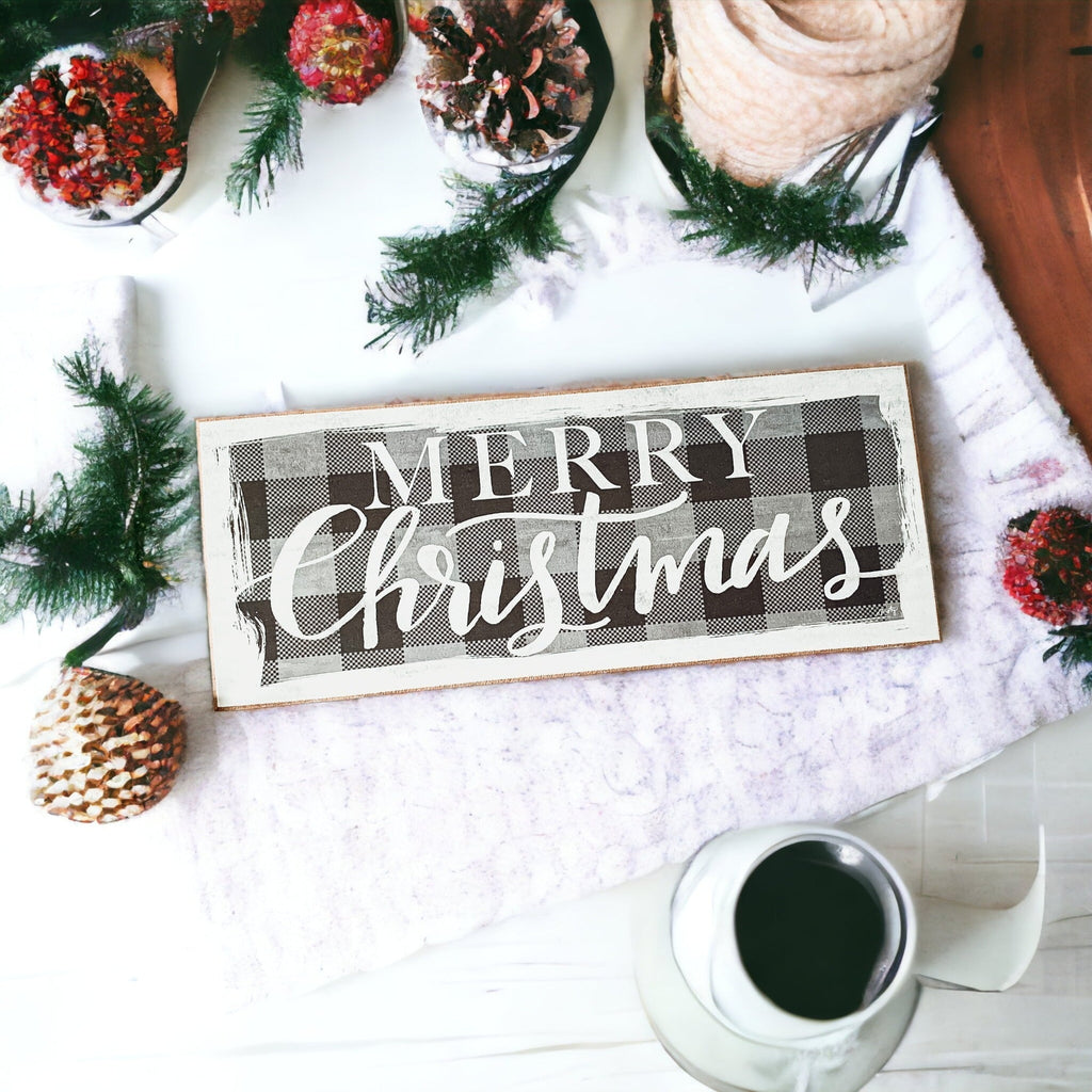 Buffalo Check Christmas Wood Sign 10x4 Tabletop Shelf Mantel Decor BandsCo Straps