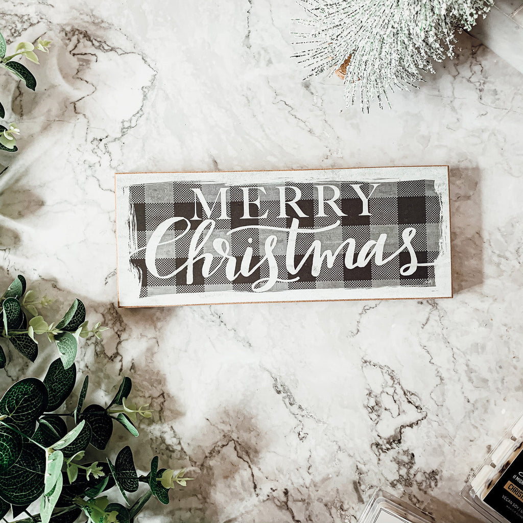 Buffalo Check Christmas Wood Sign 10x4 Tabletop Shelf Mantel Decor BandsCo Straps
