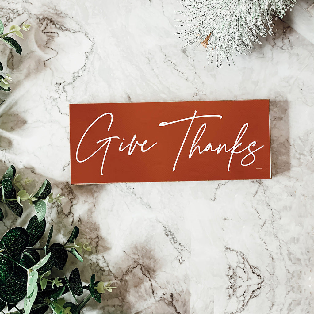 Give Thanks Rustic Wall Sign Set 10x4x1 Inch, Rust Background White Script, Single Or 2-Pack BandsCo Straps