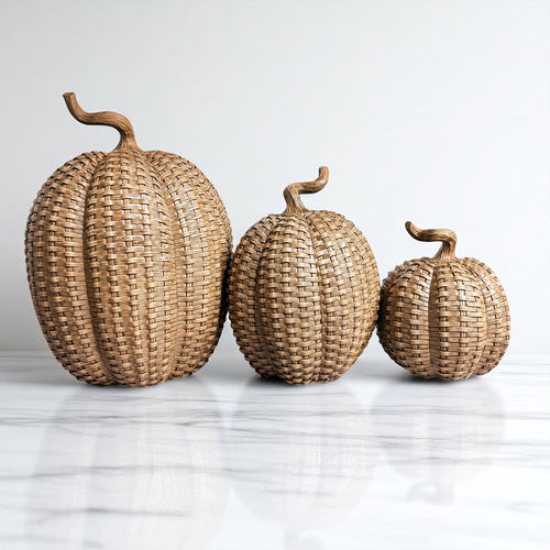 Rattan Resin Pumpkins Fall Decor - Set Or Single, 3 Sizes, Honey Cognac BandsCo Straps
