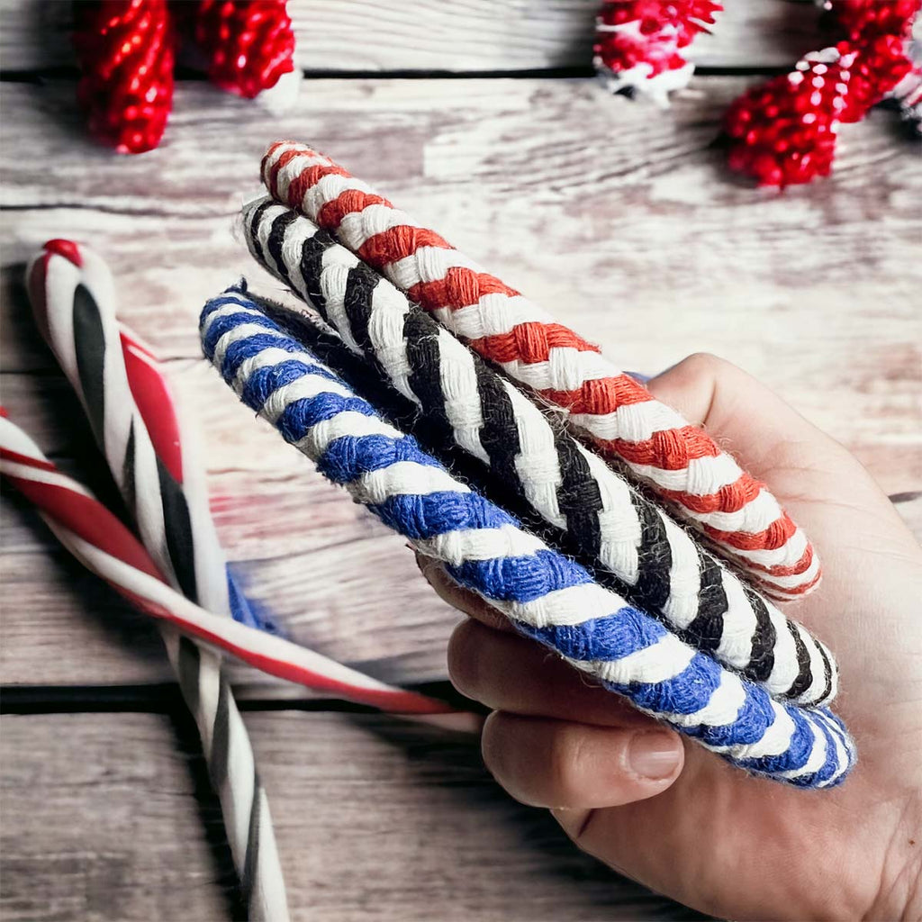 Blue Braided Holiday Coaster Set 4 Pack Candy Cane Stripe Table Protectors Absorbent Drink Mats BandsCo Straps