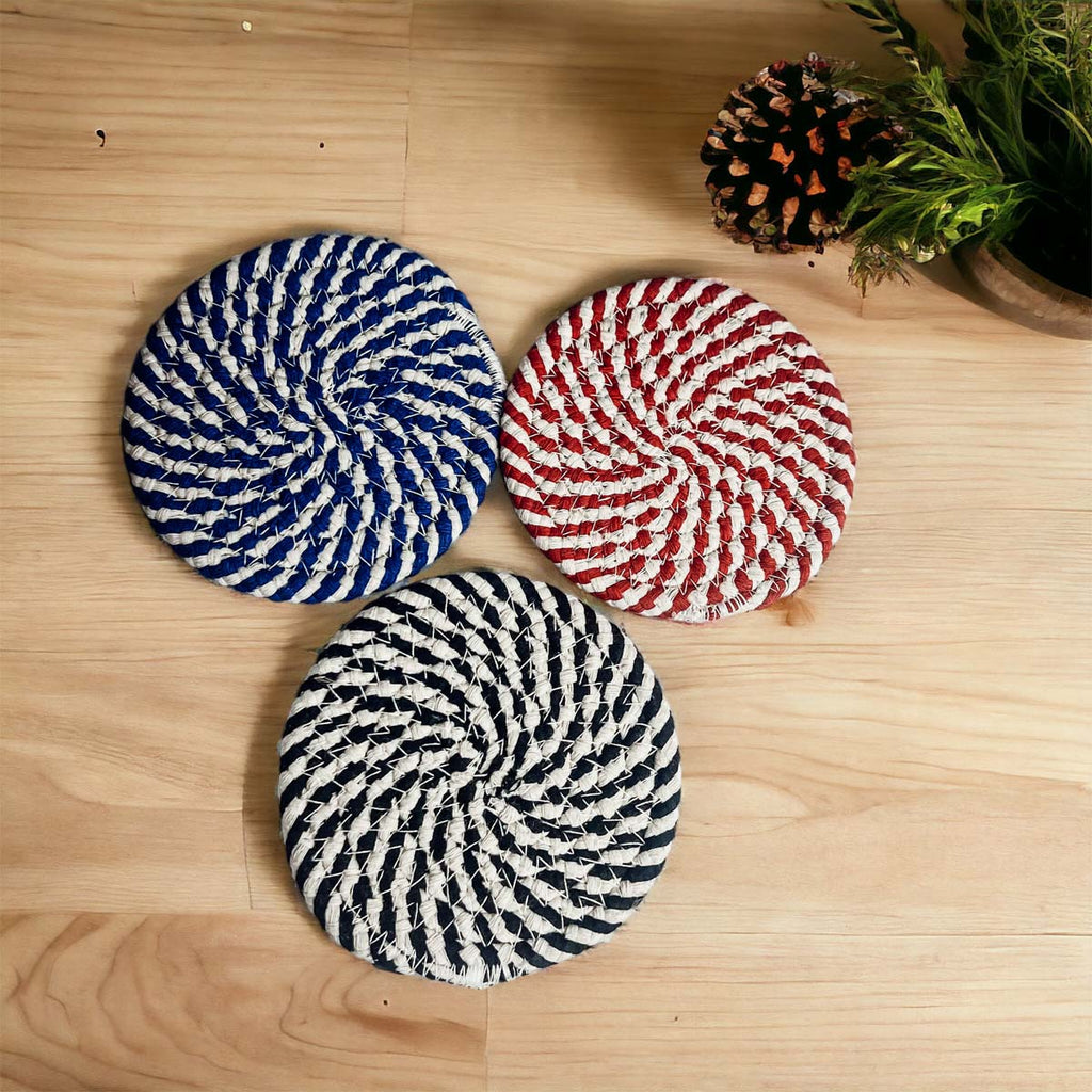 Black Braided Coaster Set 4-Pack Candy Cane Stripe Coasters Table Protectors BandsCo Straps