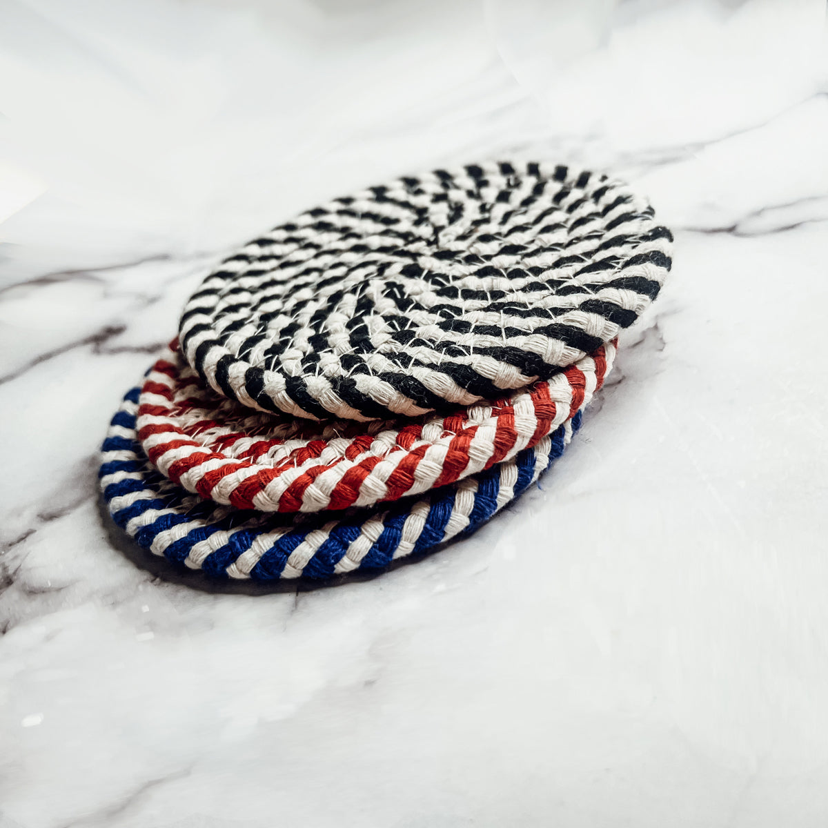 Black Braided Coaster Set 4-Pack Candy Cane Stripe Coasters Table Protectors BandsCo Straps