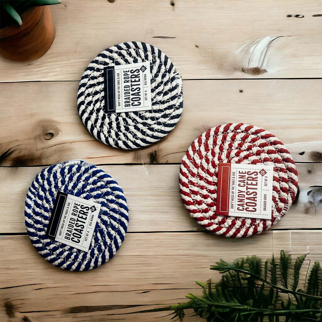 Blue Braided Holiday Coaster Set 4 Pack Candy Cane Stripe Table Protectors Absorbent Drink Mats BandsCo Straps
