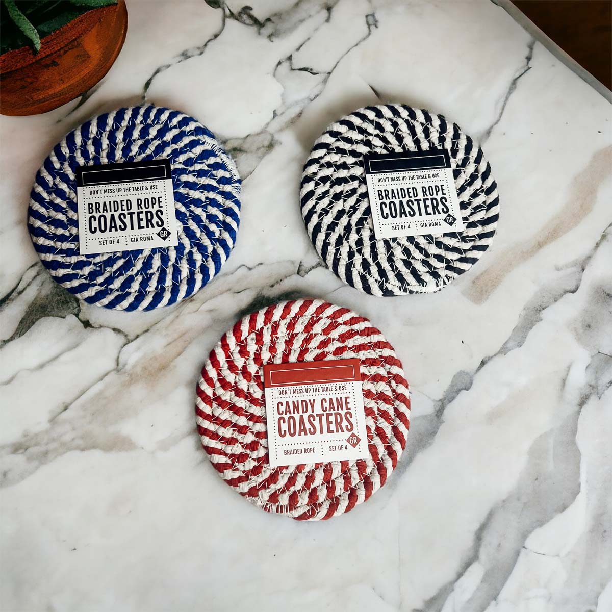 Blue Braided Holiday Coaster Set 4 Pack Candy Cane Stripe Table Protectors Absorbent Drink Mats BandsCo Straps