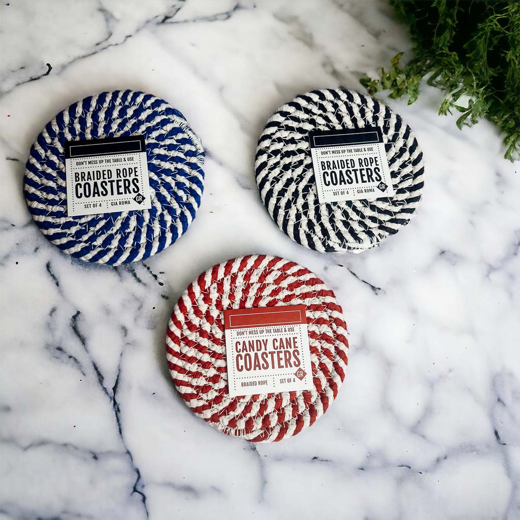Blue Braided Holiday Coaster Set 4 Pack Candy Cane Stripe Table Protectors Absorbent Drink Mats BandsCo Straps