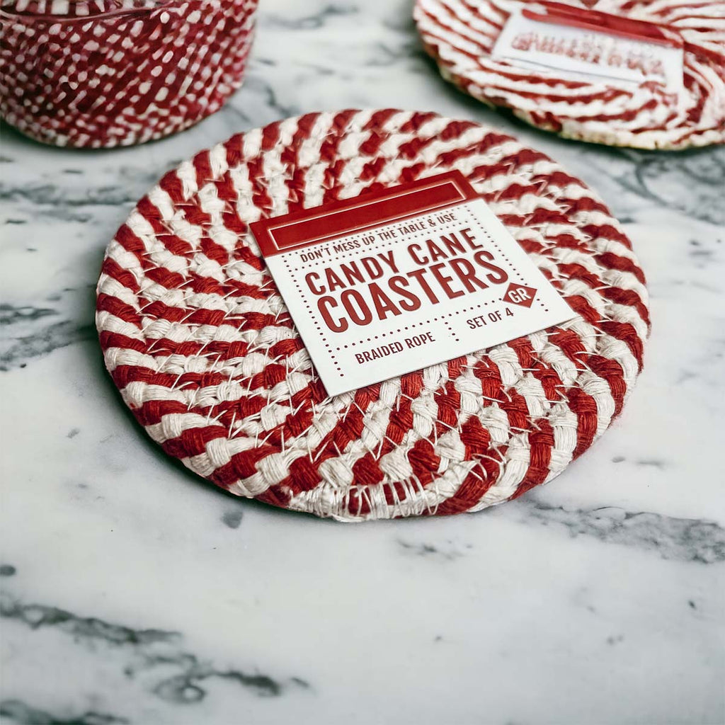 Blue Braided Holiday Coaster Set 4 Pack Candy Cane Stripe Table Protectors Absorbent Drink Mats BandsCo Straps