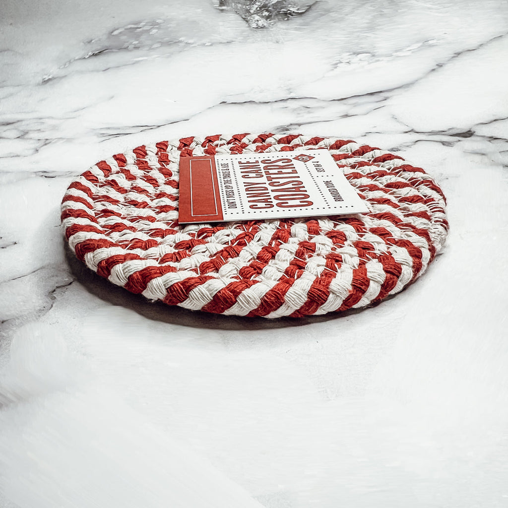 Blue Braided Holiday Coaster Set 4 Pack Candy Cane Stripe Table Protectors Absorbent Drink Mats BandsCo Straps