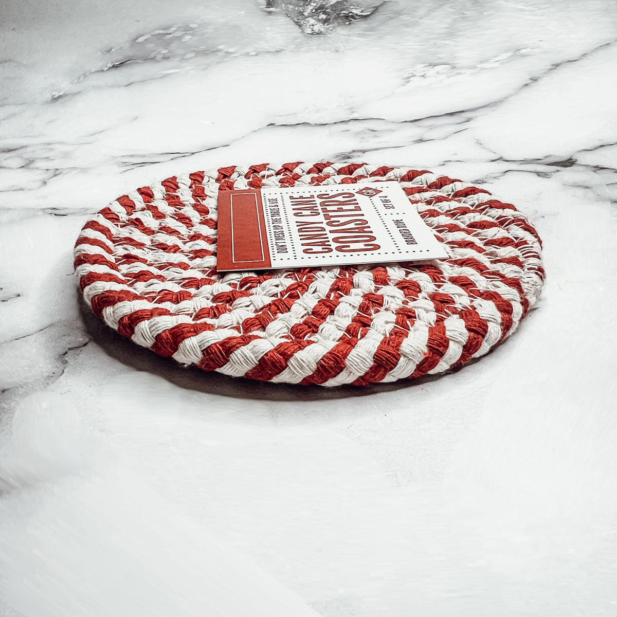 Blue Braided Holiday Coaster Set 4 Pack Candy Cane Stripe Table Protectors Absorbent Drink Mats BandsCo Straps