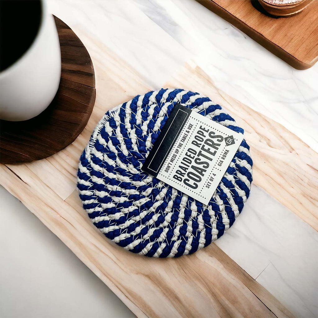 Blue Braided Holiday Coaster Set 4 Pack Candy Cane Stripe Table Protectors Absorbent Drink Mats BandsCo Straps