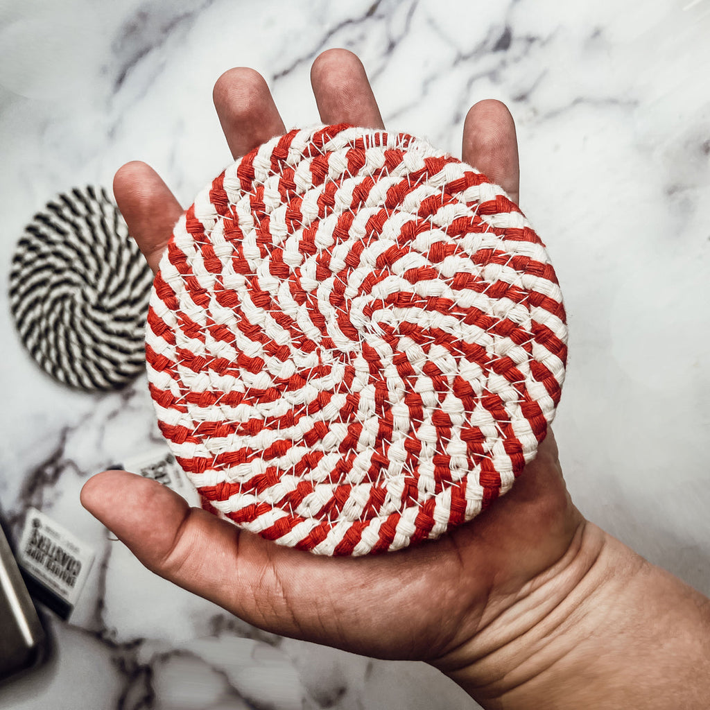 Blue Braided Holiday Coaster Set 4 Pack Candy Cane Stripe Table Protectors Absorbent Drink Mats BandsCo Straps