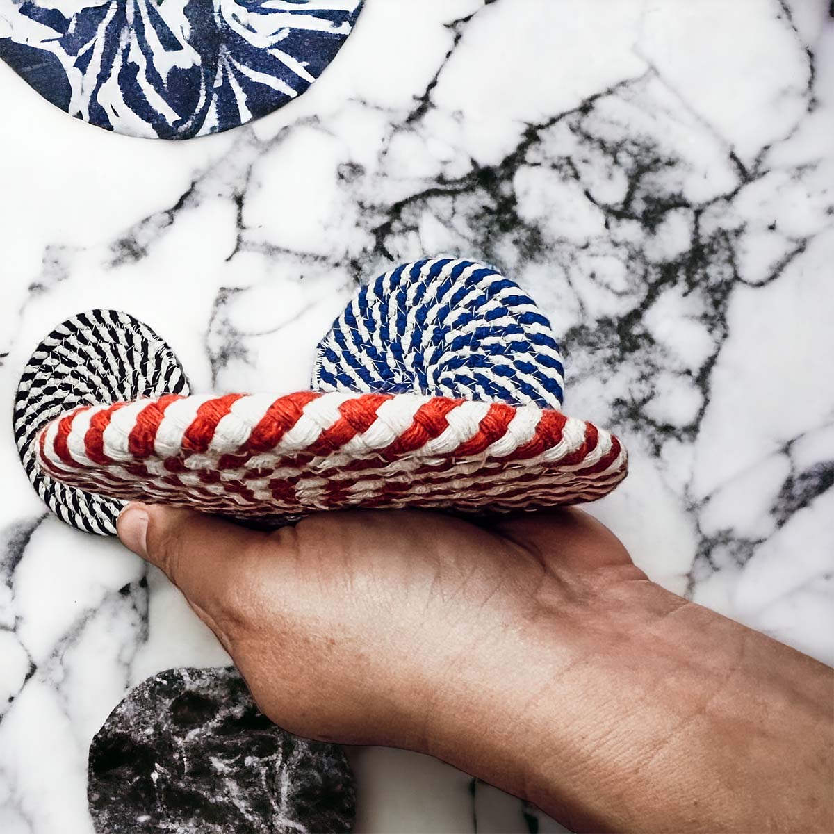 Blue Braided Holiday Coaster Set 4 Pack Candy Cane Stripe Table Protectors Absorbent Drink Mats BandsCo Straps