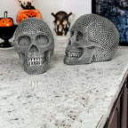 Resin Beaded Skull Decor Silver Skeleton Head Handmade Rustic Bookend Centerpiece Halloween